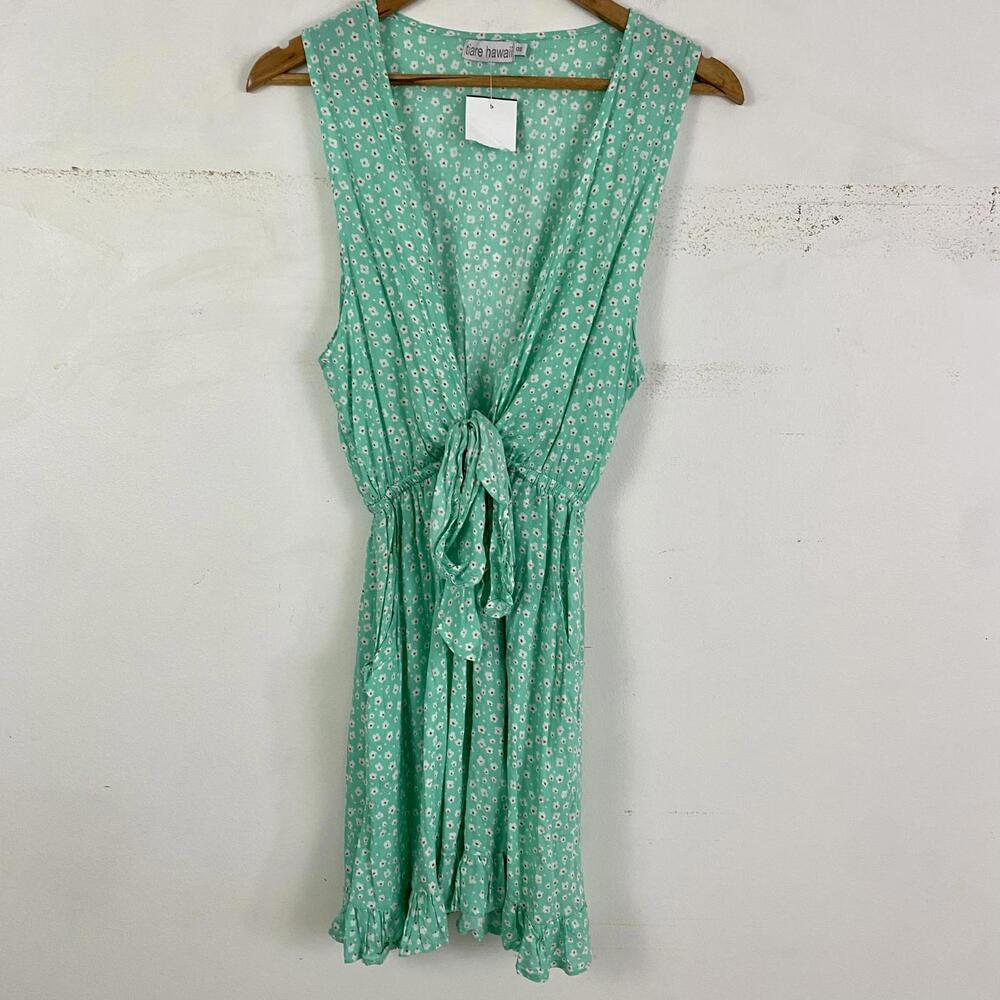 TIARE HAWAII light green and white tie front mini dress sz S